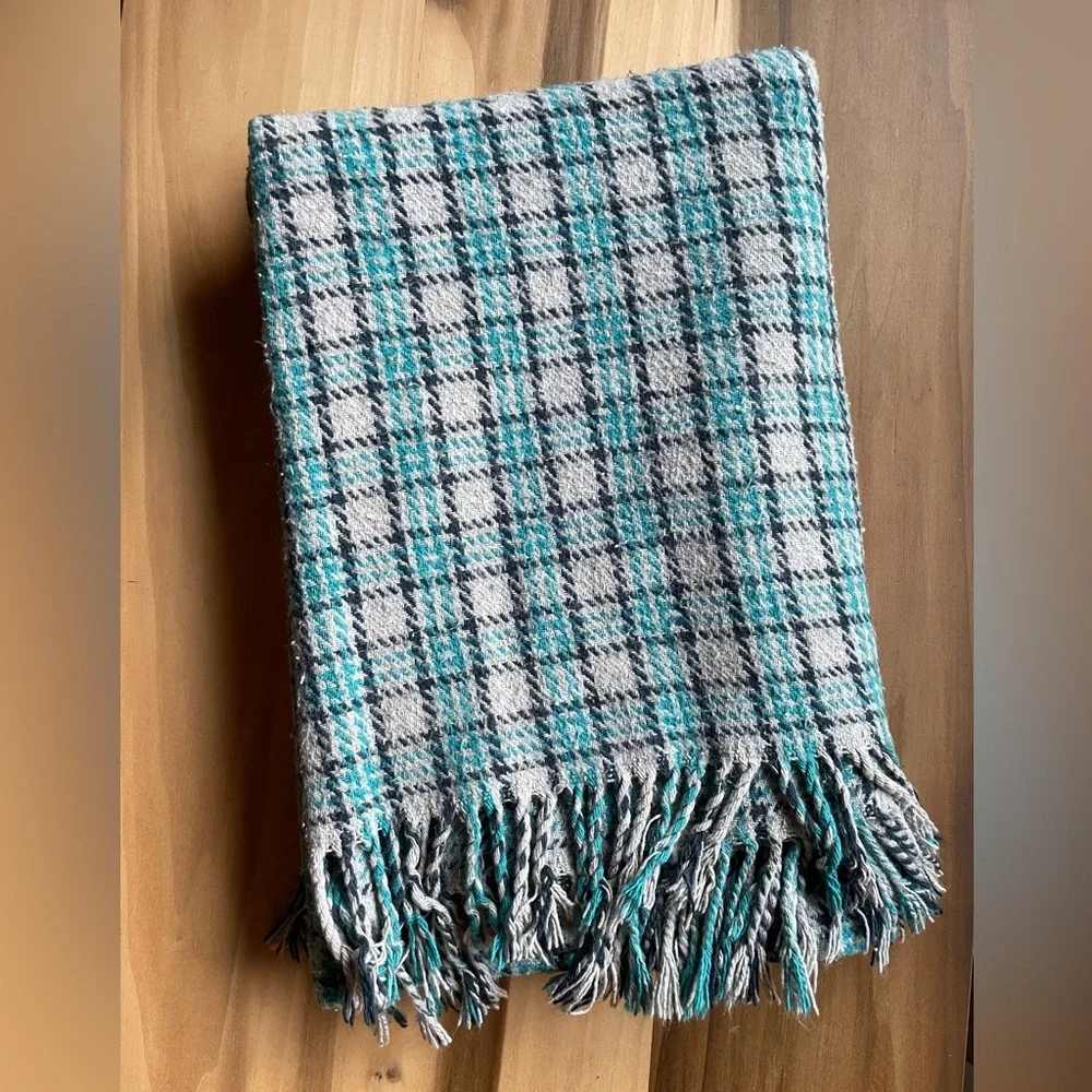 West Elm Plaid Fringe Throw Blanket | 50x70in | Blue & Gray